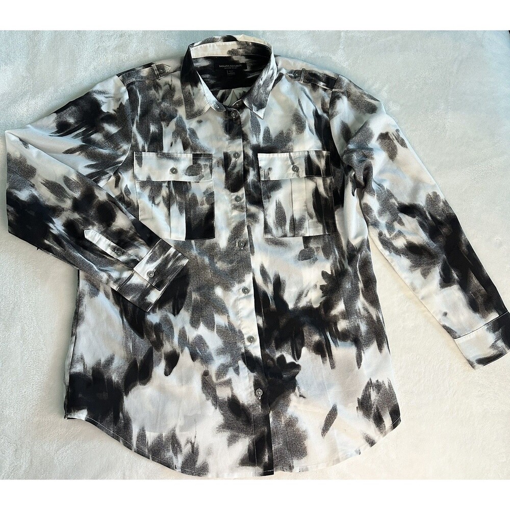 Banana Republic Dillon Utility Shirt Petite L Black White Tie Dye Button Up LS